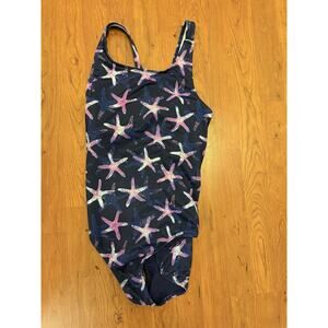 Lands End sz Youth XL BLUE SWIMSUIT 1pc girl bathing suit Starfish Print Colors